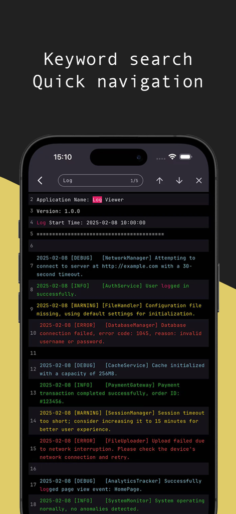 LogViewer - App Log Viewer - Interfaz de la aplicación LogViewer que muestra la búsqueda de palabras clave y el resaltado de niveles de registro codificados por colores en la pantalla de un iPhone.