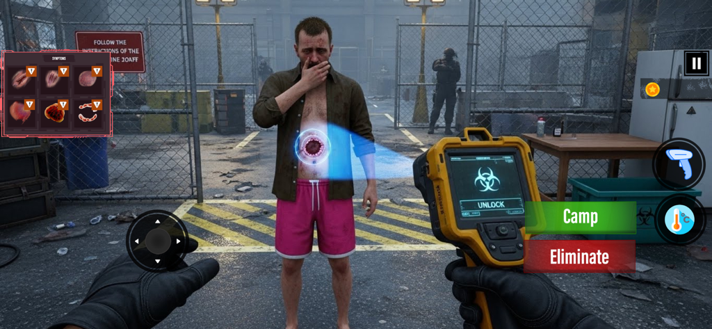 Gameplay à la première personne de scan d'une personne infectée pour les symptômes dans une zone de quarantaine