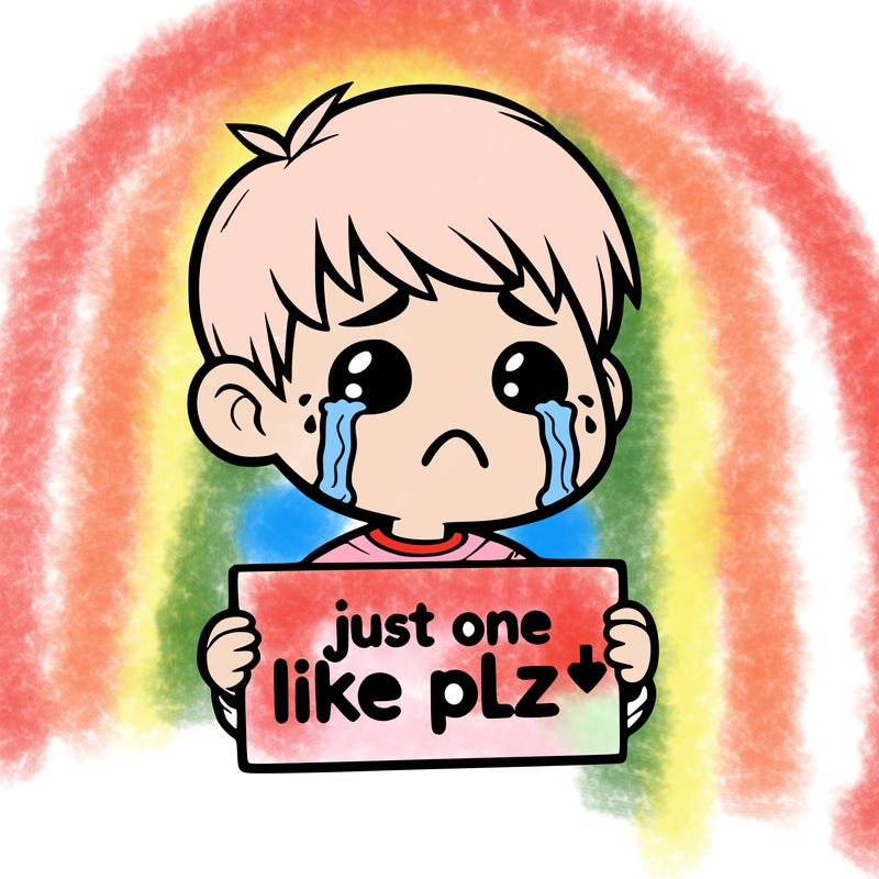 realistic crying boy with a sign saying just one like plz