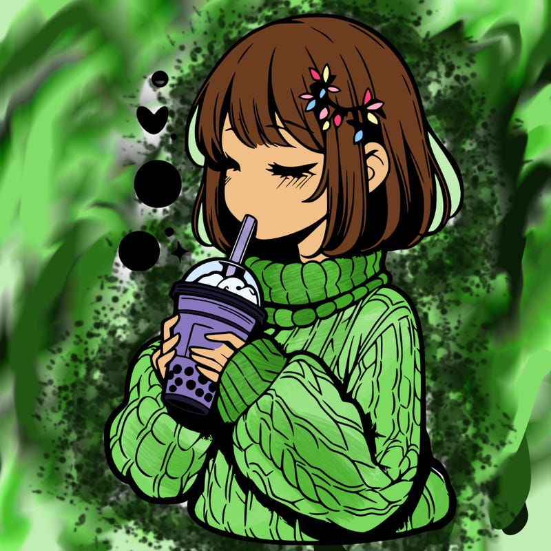 manga girl drinking boba in cozy sweater