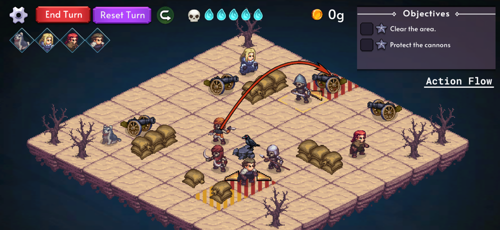 Tyrant's Blessing - Tactical grid-based battle scene in Tyrants Blessing with pixel art characters and telegraphed attacks