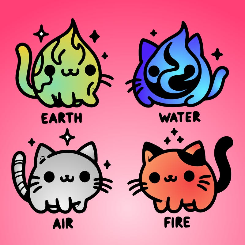4 cats that represent the different elements, earth, water, air, and fire