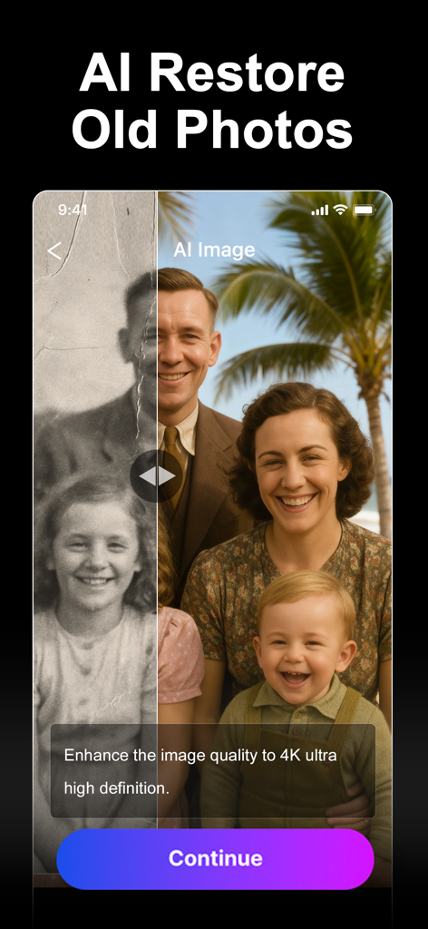 Vidmor-AI Video Generator - Interfaz de la aplicación Vidmor que muestra una comparación antes y después de una vieja foto familiar restaurada con IA