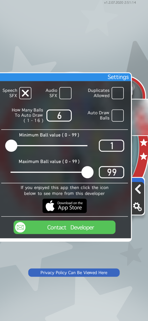 Tombola Enhanced - Tela de configurações do aplicativo Tombola Aprimorado mostrando opções de personalização para valores de bolas e anúncios por voz