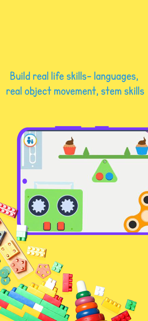 Turtlebee Montessori Preschool - Pantalla de la aplicación Montessori que muestra una balanza digital con cupcakes y bloques de construcción coloridos