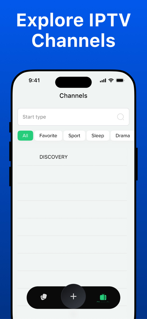 IPTV Smart Player⁺ - IPTV Smart Player app screen showing a list of channel categories like sports and drama with a search bar