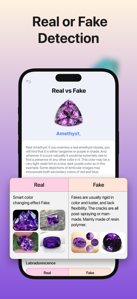 Stone Identifier. - Real or fake gemstone detection feature showing authenticity comparison for amethyst.