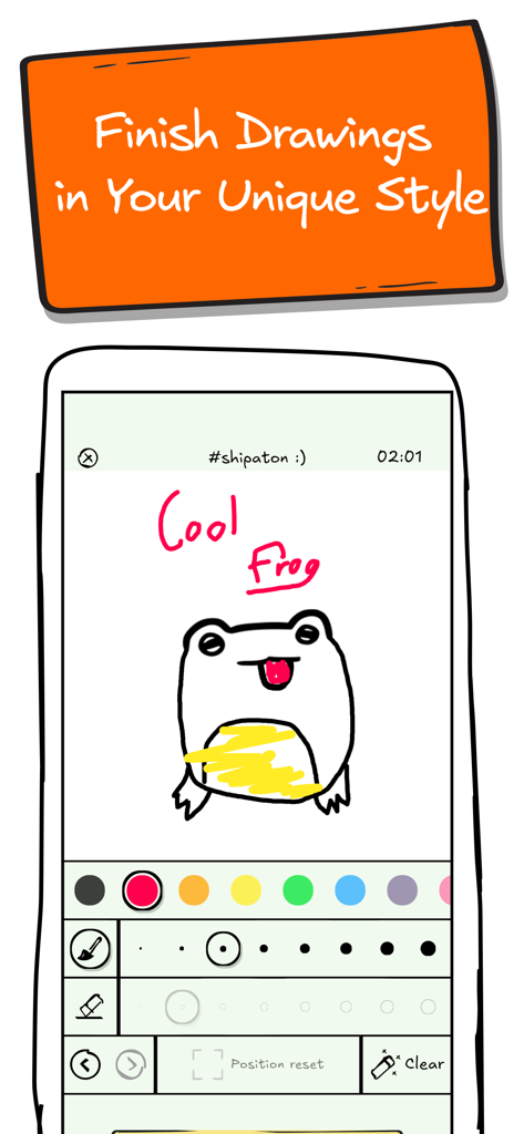 Interface do aplicativo móvel DrawIt mostrando um sapo desenhado à mão com ferramentas de arte digital e uma paleta de cores.
