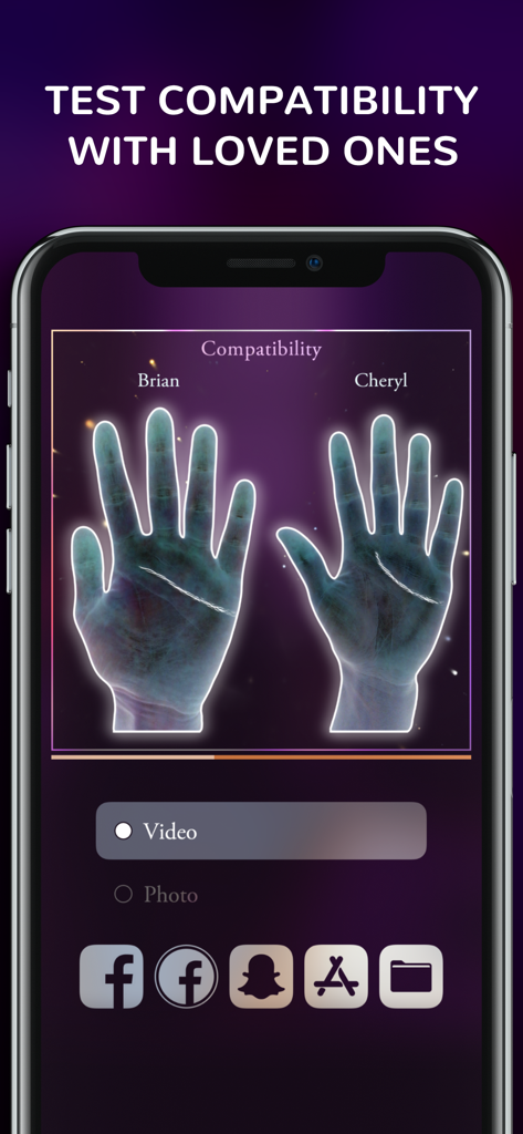 Palmist - AR Palm Reader - Smartphone screen showing the compatibility test feature of the Palmist AR Palm Reader app comparing two people's palm lines.