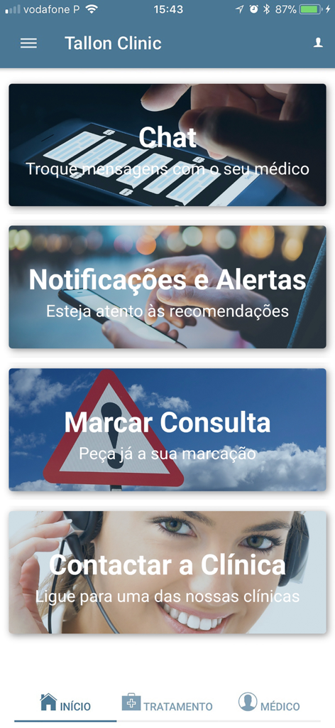 Tallon Clinic mobile app home screen showing options for chat notifications appointment scheduling and clinic contact