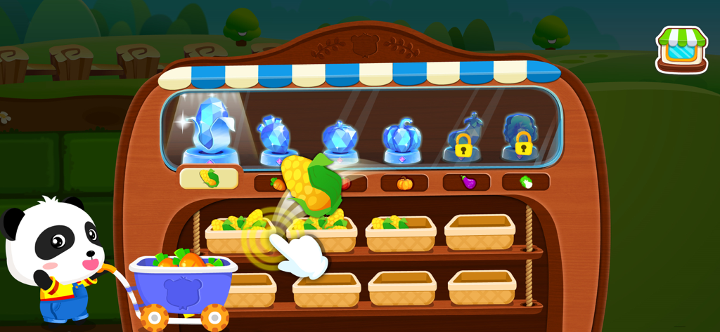 Panda character Kiki managing vegetable crystal trophies in the Panda Math Farm app
