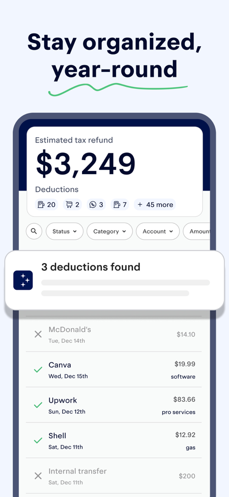 Mobile interface of the Keeper app showing a tax refund estimate and tracked business deductions