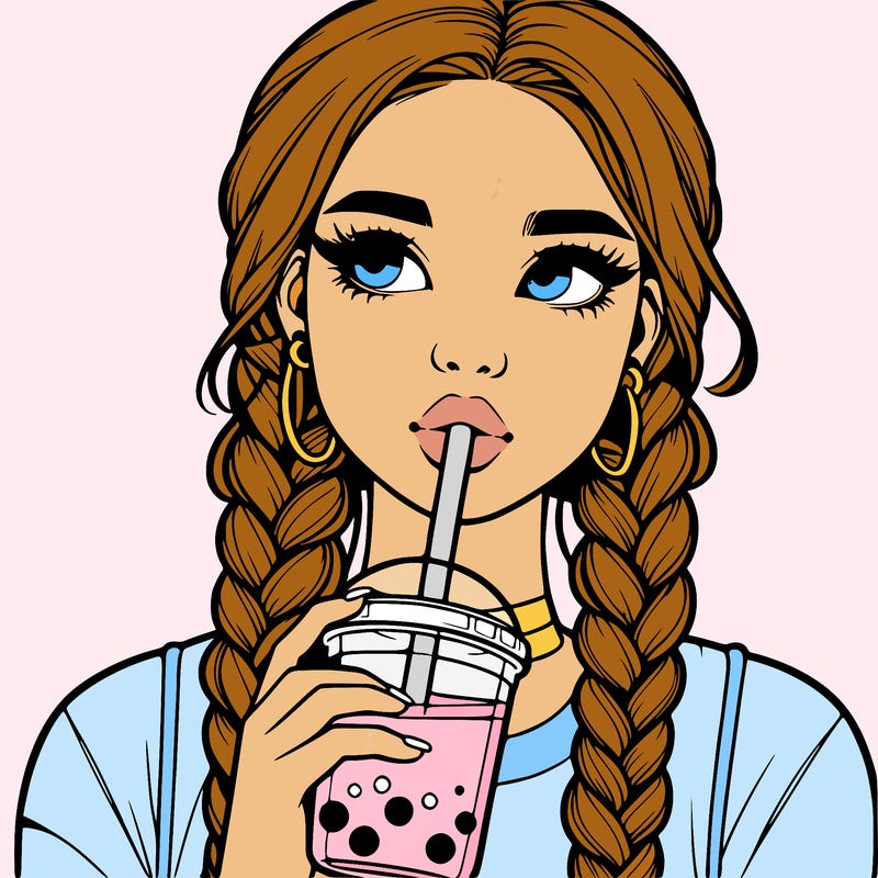 realistic girl with braided hair drinking boba