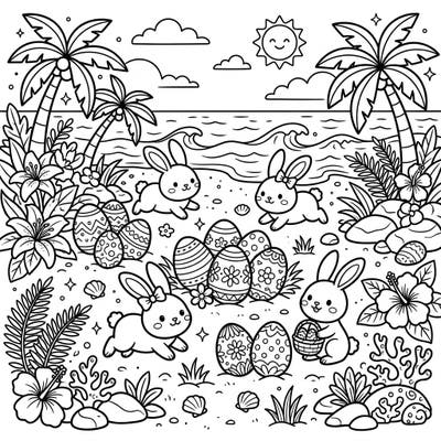 Escape to a sun-kissed paradise where Easter joy meets tropical serenity in this charming coloring page. Adorable bunnies and beautifully decorated eggs dot a pristine white sand beach, ready for your creative touch.