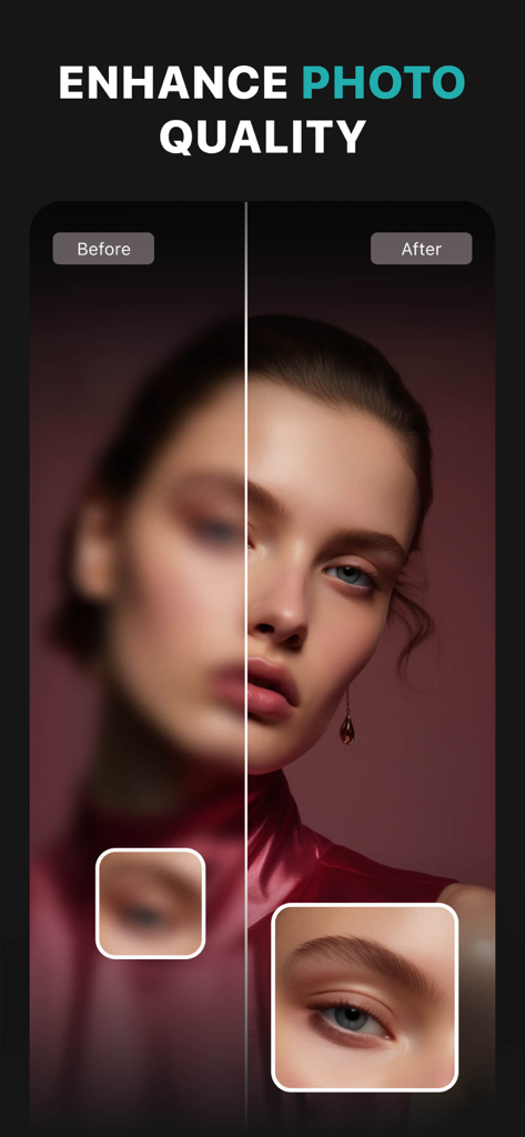 Before and after comparison of a portrait showing photo quality enhancement and sharpening in the PhotoLeaf app.