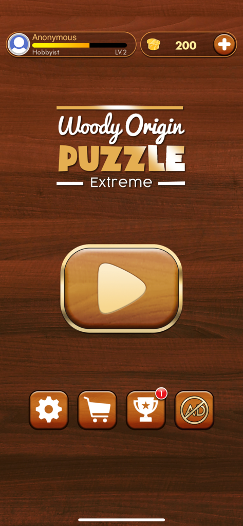 The main menu screen of Woody Extreme Block Puzzle featuring a wooden texture background and a large play button.