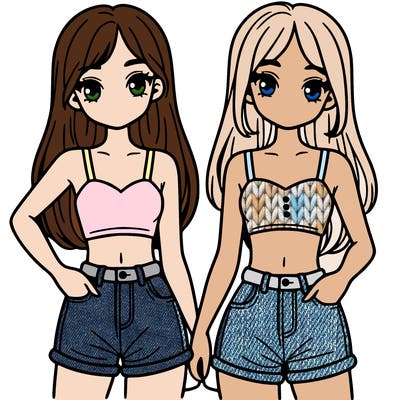 two sisters with crop tops and jean shorts and straight hair