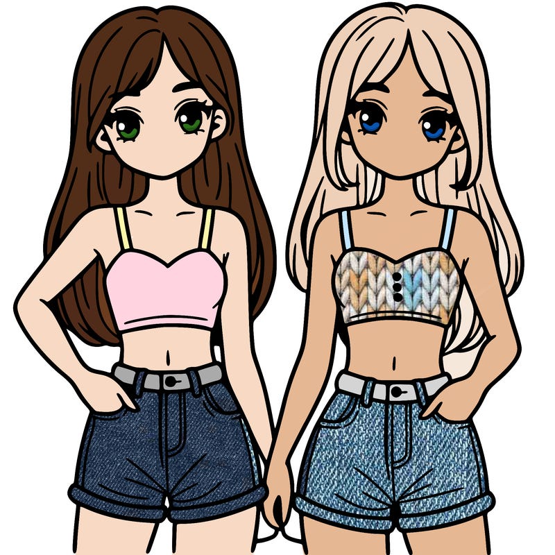 two sisters with crop tops and jean shorts and straight hair