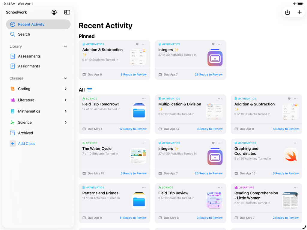 iPadのSchoolworkアプリのダッシュボード画面。教師が管理するクラスのアクティビティと生徒の進捗状況を表示。
