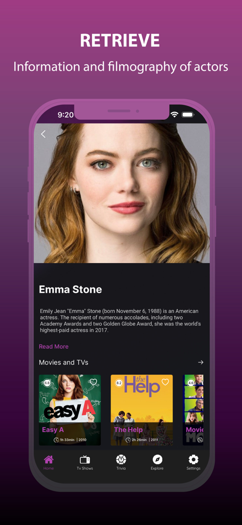 Cinema HD - Movies & TV Shows - Cinema HD 앱 내에서 배우 엠마 스톤의 전기 및 영화 필모그래피를 보여주는 모바일 화면