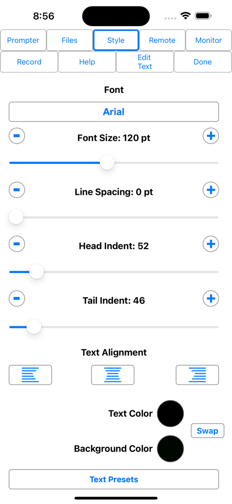 iCue - Menú de configuración de estilo de texto del teleprompter iCue con opciones de tamaño y color de fuente