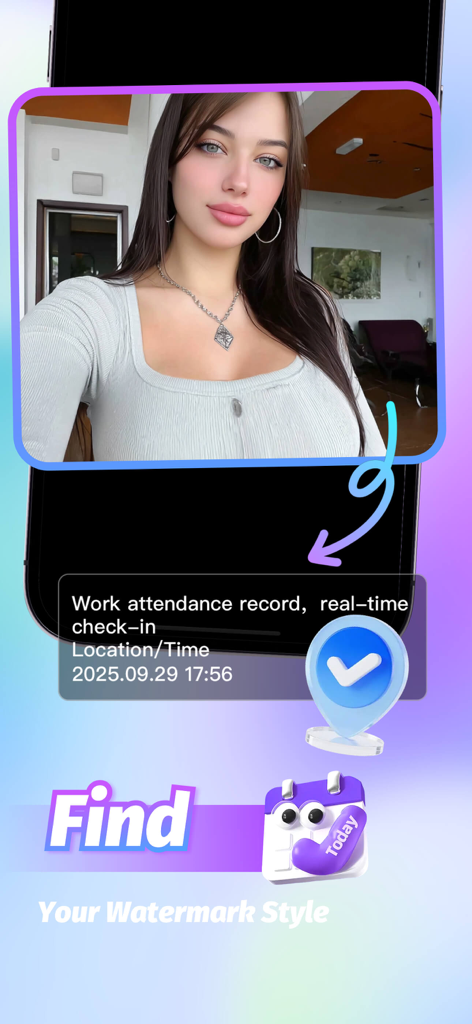 Doboy - Doboy App-Screenshot, der ein professionelles Wasserzeichen für die Arbeitsanwesenheit mit Datums- und Zeitstempel anzeigt