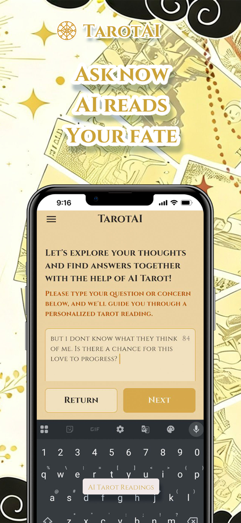 TarotAI - Daily Card Readings - Pantalla de la aplicación móvil TarotAI para escribir preguntas personales para lecturas de tarot con IA.
