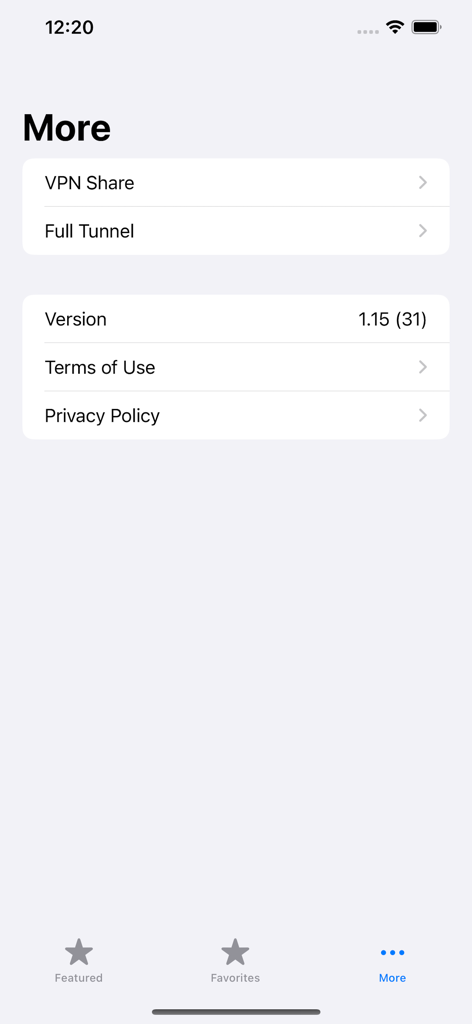 Leaf VPN - Leaf VPN app more menu showing settings for sharing and full tunnel along with terms of use and privacy policy links