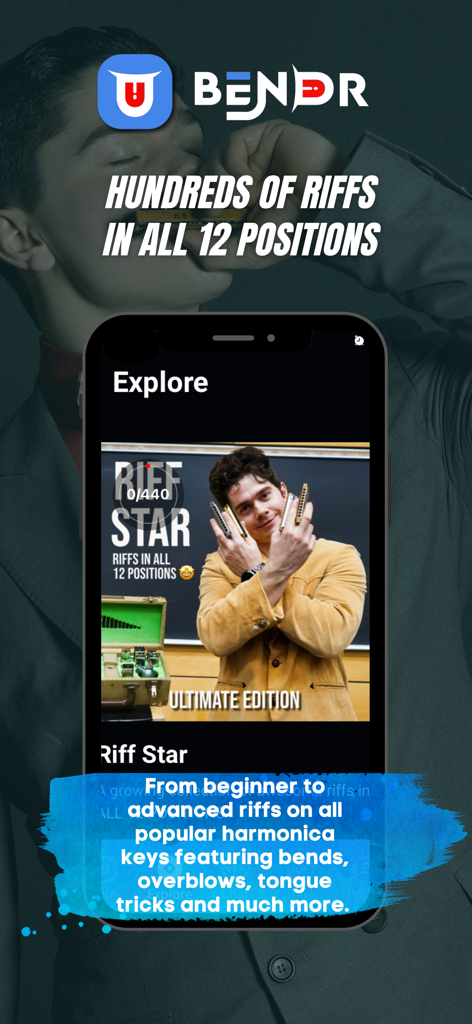 Brynland - Brynland App-Bildschirm, der den Kurs "Harmonica Riff Star" mit Hunderten von Riffs in allen 12 Positionen zeigt