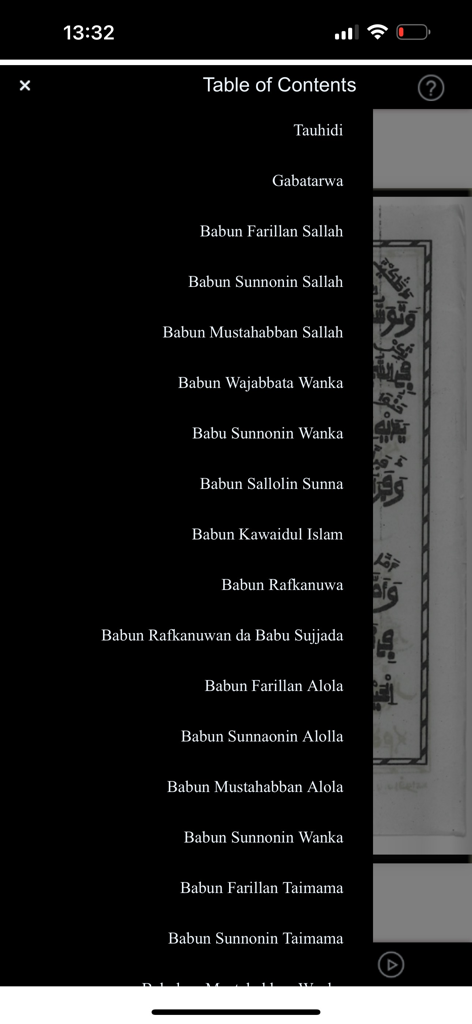 Kawaidi Mai Fassarar Hausa - Table of contents menu in the Kawaidi Mai Fassarar Hausa mobile app showing various chapters in Hausa.