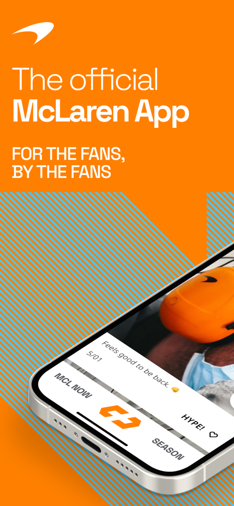 La interfaz de la app oficial de McLaren Racing mostrada en la pantalla de un iPhone con fondo naranja papaya