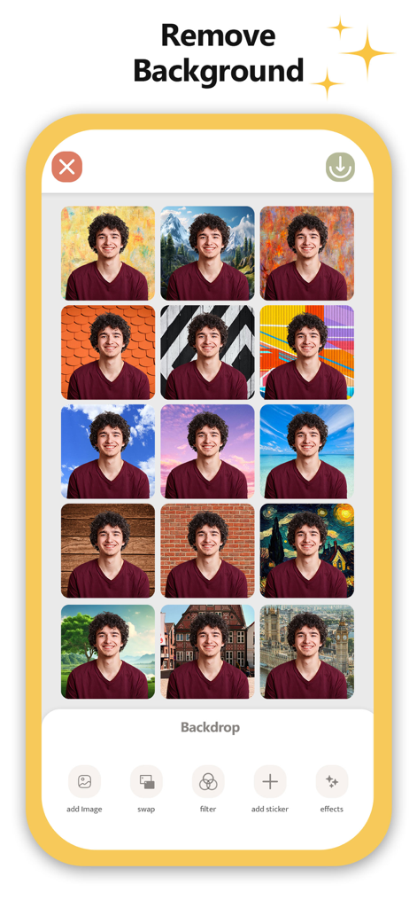 Easy Photo Background Changer - ポートレート写真の背景除去および置き換えオプションを表示する簡単な写真背景チェンジャーアプリインターフェース