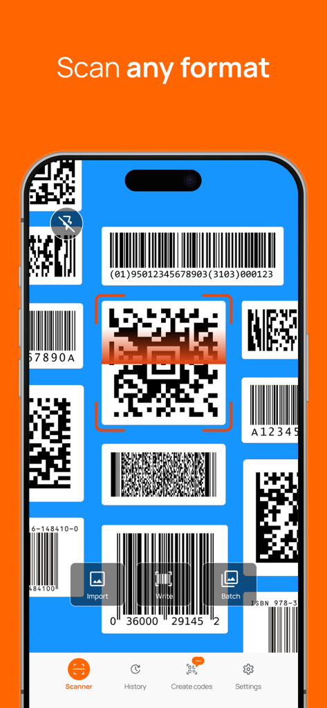 Smartphone interface of a QR code reader app showing scanning capabilities for multiple barcode and QR formats