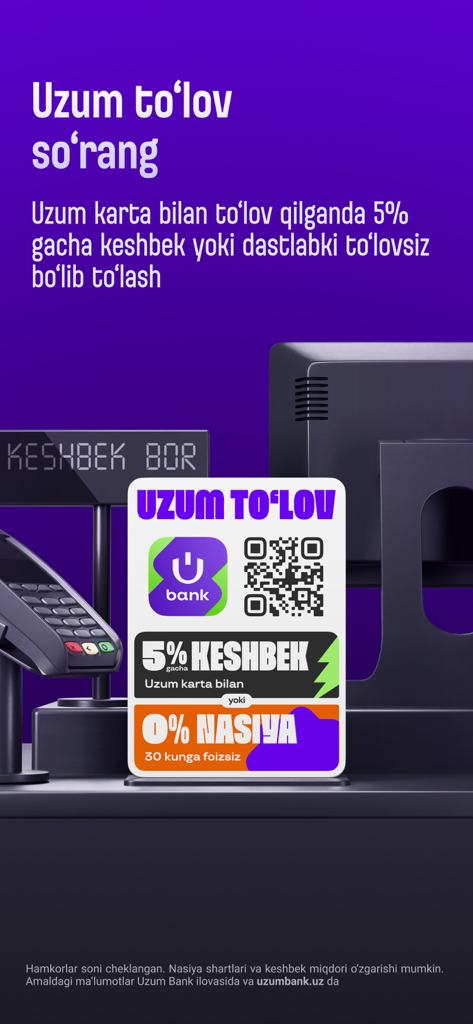 Checkout counter with Uzum Bank QR code sign offering five percent cashback and zero percent interest installments