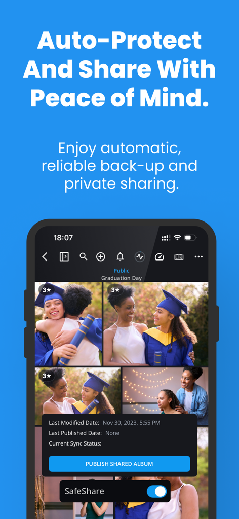 Mylio Photos app interface showing the SafeShare feature and private album sharing for a graduation event