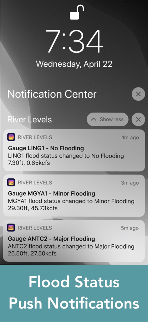 App Niveles y Caudales de Ríos mostrando notificaciones push de estado de inundación en la pantalla de bloqueo de un smartphone