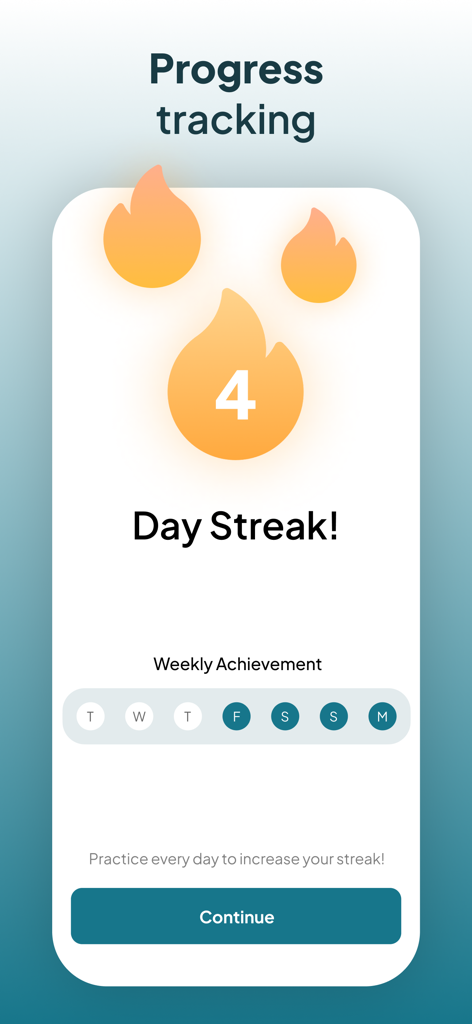 Calisthenics workout challenge - Pantalla de la aplicación de entrenamiento de calistenia que muestra una racha de cuatro días de entrenamiento con iconos de fuego y un rastreador de logros semanal.