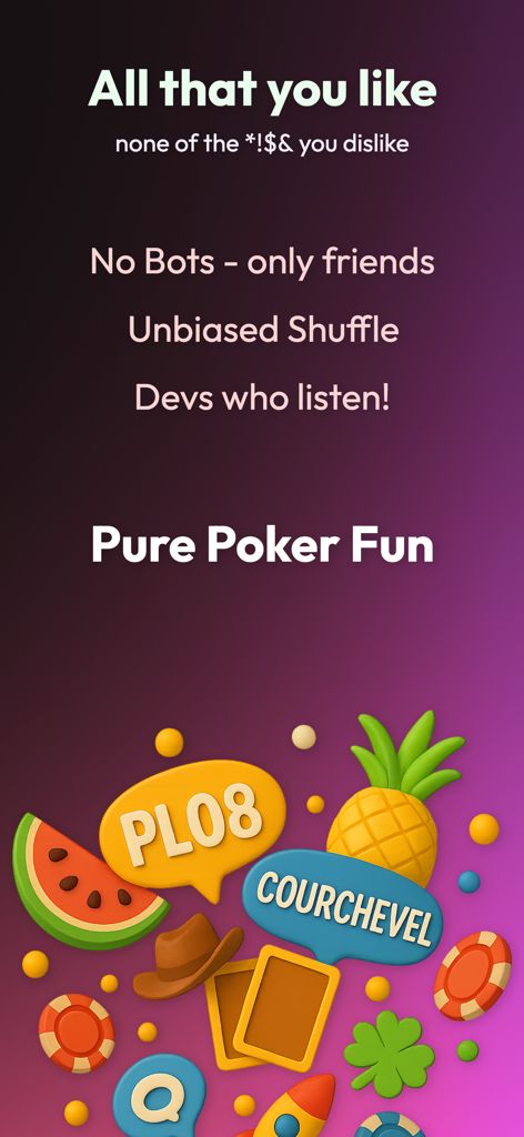 Poker 4 Friends: Chips of Fury - Tela promocional do app Chips of Fury destacando recursos de jogo limpo, como ausência de bots e embaralhamento imparcial com ícones coloridos com tema de poker