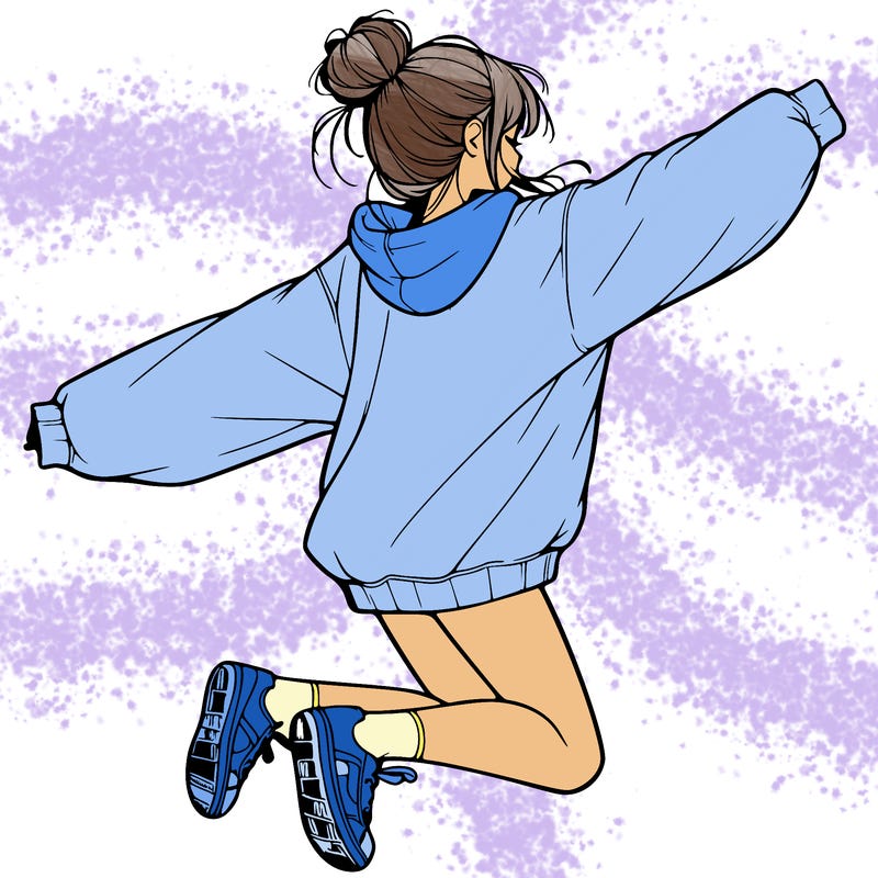 realistic girl jumping with a bun and oversized sweatshirt
