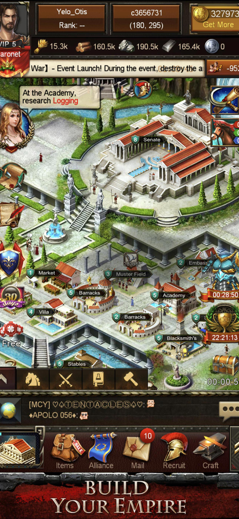 A screenshot of the city building screen in Empire War Age of Heroes featuring historical architecture.