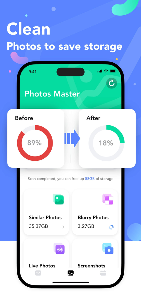 Pure Master:PhoneExpert - Pure Master app interface showing photo storage optimization before and after cleaning results