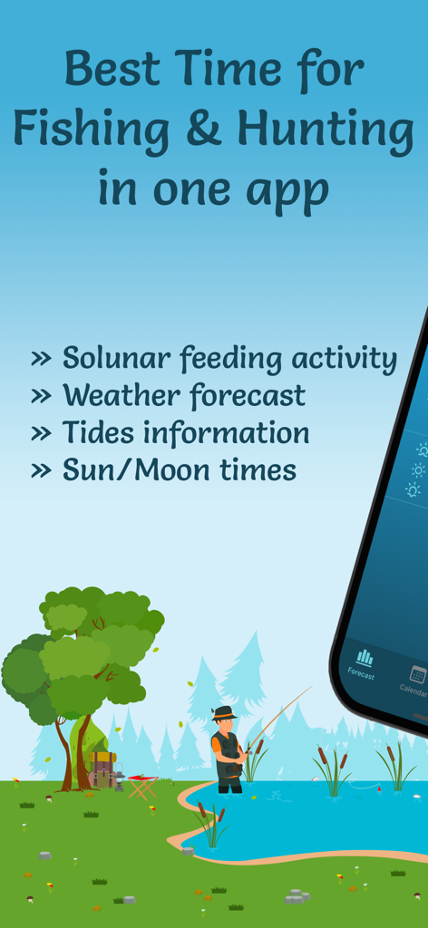 Fishing & Hunting Solunar Time - Features list of the Fishing and Hunting Solunar Time app with an illustration of a fisherman