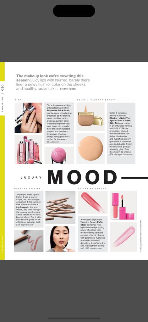NewBeauty Magazine - Digital magazine page titled Luxury Mood from NewBeauty featuring luxury makeup and skincare products.