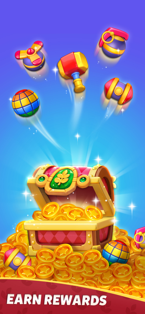 Family Farm Match - A glowing treasure chest filled with gold coins and floating game boosters including a hammer and disco ball