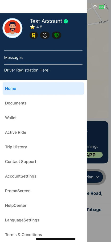 MappRides - Side navigation menu of MappRides app with user profile and trip options