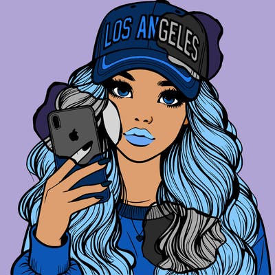 realistic beautiful girl wearing los ángeles cap holding an iphone