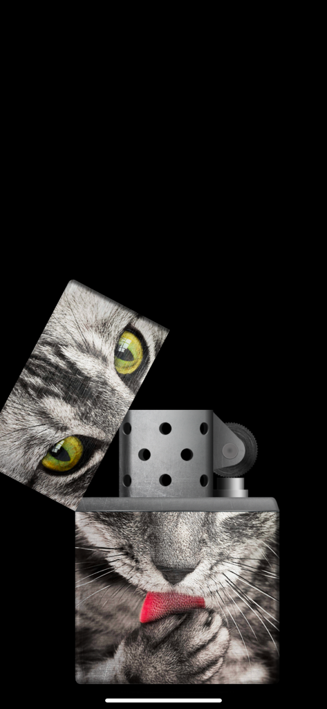 Um simulador de isqueiro virtual com um design personalizado de foto de gato no corpo metálico