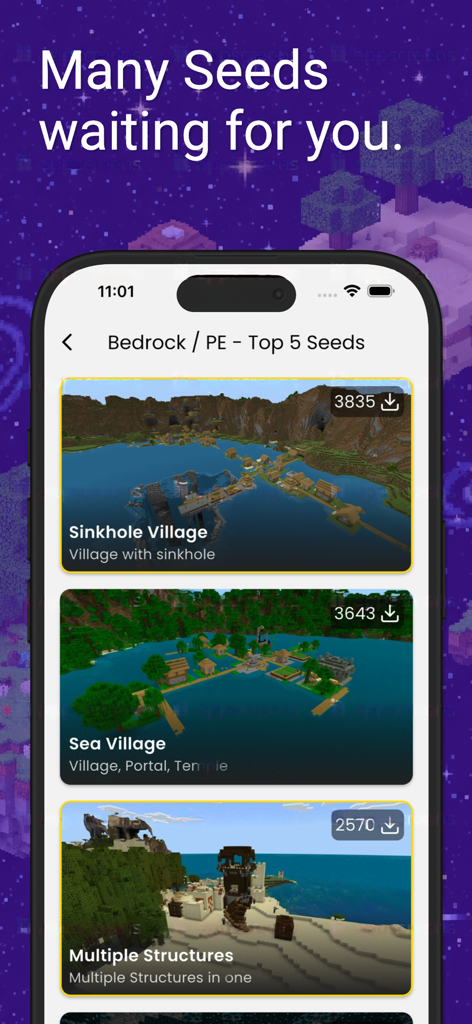 Seeds for Minecraft PE & Java - Mobile app interface showing a list of popular Minecraft seeds for Bedrock and Pocket Edition including Sinkhole Village and Sea Village