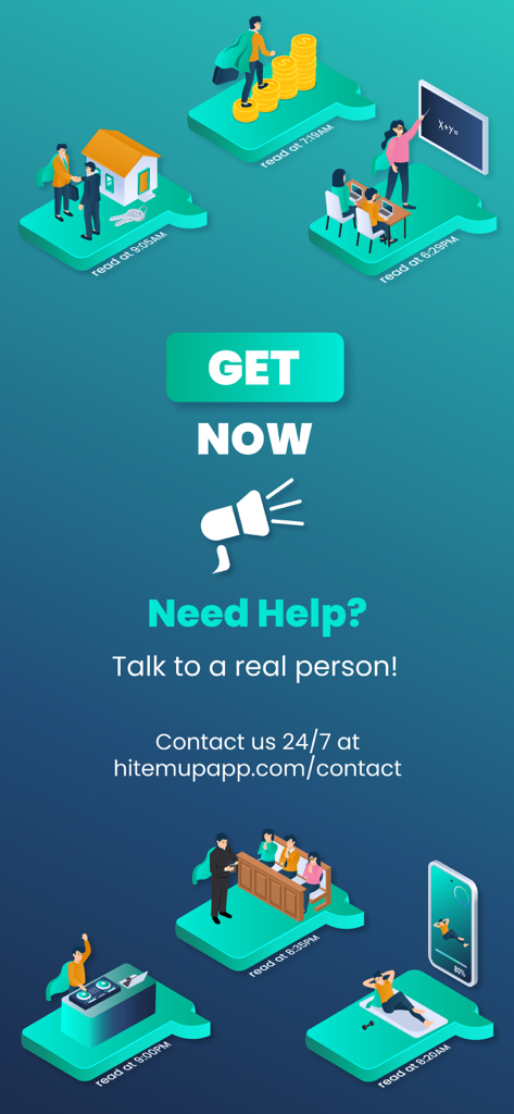 Isometric illustrations of diverse professionals like real estate agents and fitness coaches using the Hit Em Up app for personalized communication with a customer support call to action