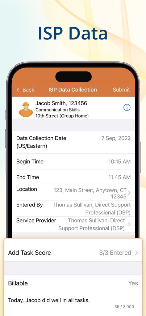 Therap mobile app screen for ISP data collection showing session details and shift notes for a direct support professional